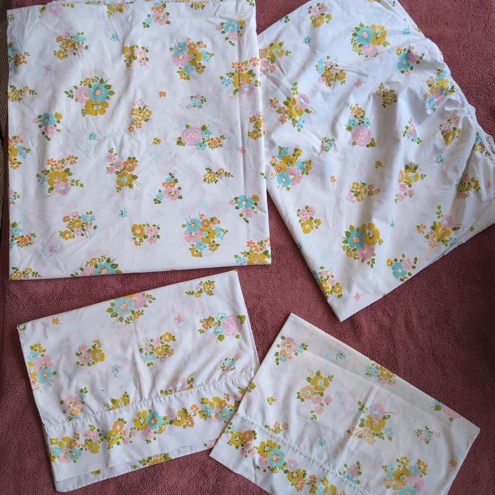 Vintage JCPenney Fashion Manor Sheet Set‎ Full Floral White 70s Percale MCM USA